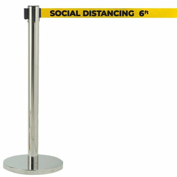 Aarco Form-A-Line System w/ 7' Belt, Chrome Finish w/ Yellow Belt, "SOCIAL DISTANCING 6FT" HC-7PYE